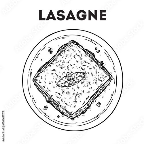 Lasagne sketch. Vector drawing illustration. Italian food. Italian cuisine. Hand drawn. Top view. Not AI Generated.