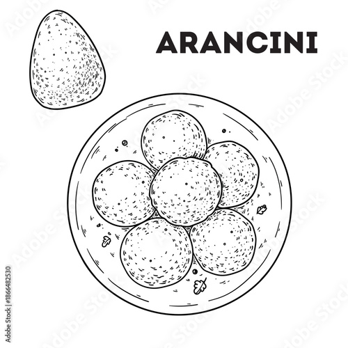 Arancini sketch. Vector drawing illustration. Italian food. Italian cuisine. Hand drawn. Top view. Not AI Generated.