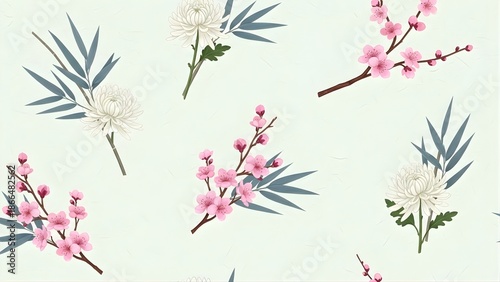 Elegant Oriental Floral Pattern with Chrysanthemums Cherry Blossoms and Bamboo