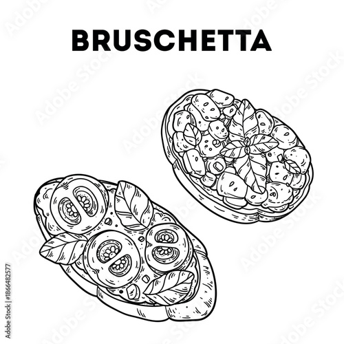 Bruschetta sketch. Vector drawing illustration. Italian food. Italian cuisine. Hand drawn. Top view. Not AI Generated.