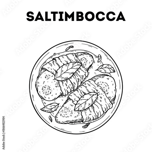Saltimbocca sketch. Vector drawing illustration. Italian food. Italian cuisine. Hand drawn. Top view. Not AI Generated.