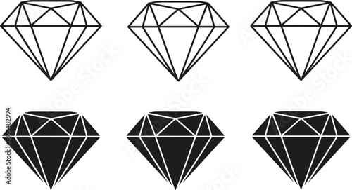 Diamond gem illustration set featuring outline and solid crystal icons for luxury branding, jewelry design, precious stone symbols, and modern graphic elements isolated on white background