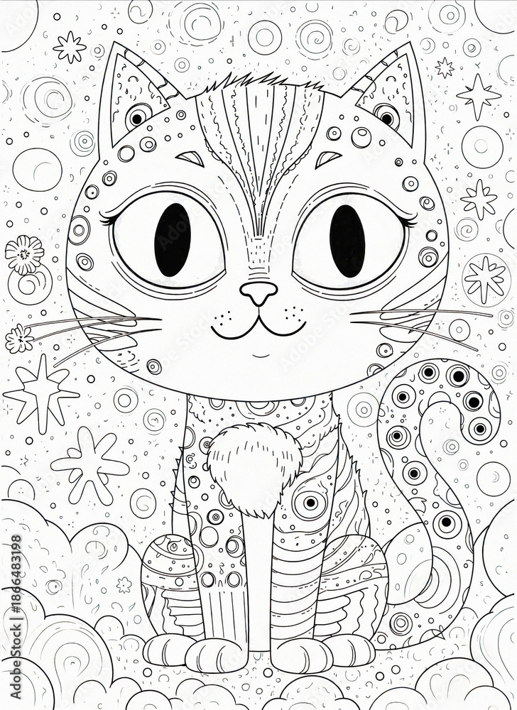 Fototapeta premium Whimsical Black and White Cat Coloring Page with Patterns
