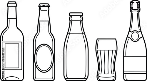 Line art vector set of 5 Bottle Shapes wine bottle beer bottle milk bottle soda glass and champagne bottle