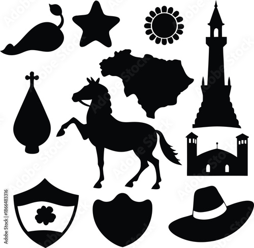 set of black silhouettes of spanish passion elements