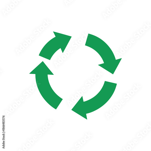 A vibrant green circular recycling symbol featuring three chasing arrows demonstrates the continuous process of reuse and resource conservation effectively