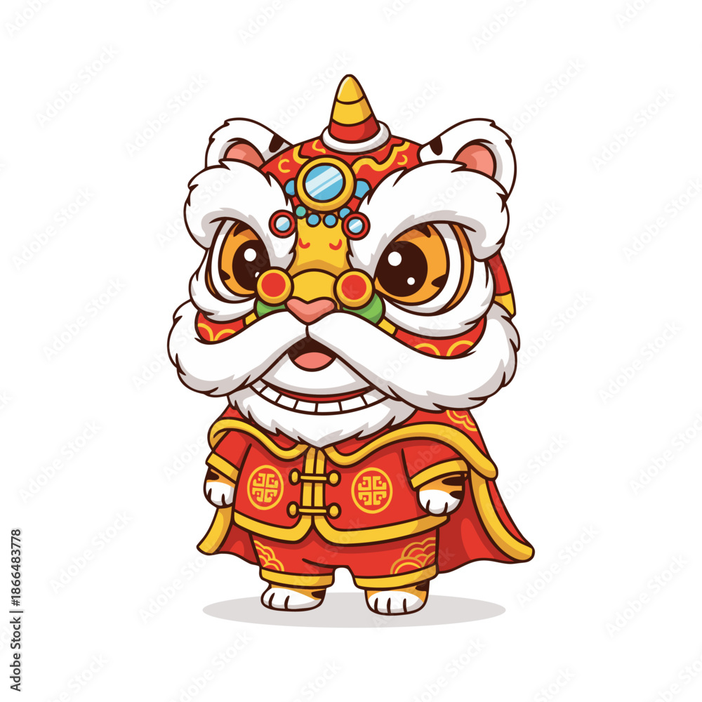 Fototapeta premium Adorable Tiger Lion Dance Mascot Celebrating Chinese Lunar New Year Festivities