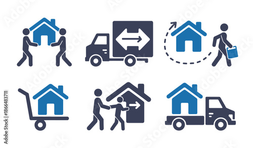 moving house and relocation icon set featuring house transport, home delivery, and moving symbols in clean vector line style.