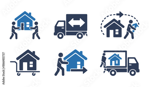 home moving and relocation vector icon collection featuring house transport, delivery, and moving service symbols, perfect for apps, websites, and business graphics.