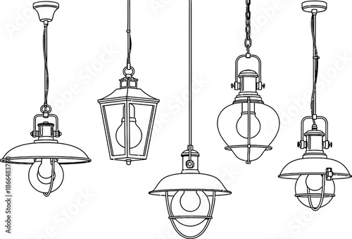 Set of 4 Hanging Lamps outline industrial pendant chandelier lantern and glass globe fixture