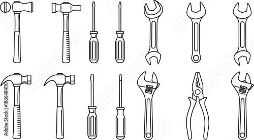 Hand tools illustration set with outline icons of hammer, screwdriver, wrench, and pliers for construction, repair, DIY, and workshop design isolated on white background
