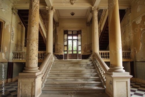 Wide angle view of a decaying grand staircase with marble steps and columns, leading to open doors in an abandoned building, showing signs of dilapidation and decay