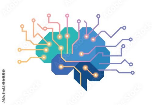 An abstract human brain illustration depicts an intricate electronic circuit board with glowing connections.