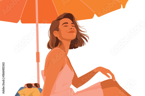 A serene woman blissfully relaxes under an orange beach umbrella on a sunny day.