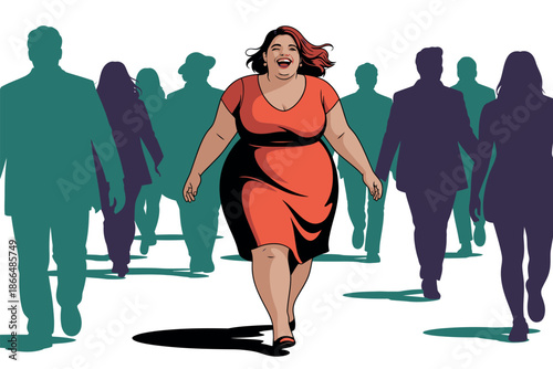 A confident and joyful plus-size woman in a red dress strides forward through a crowd of silhouetted people, radiating happiness and self-assurance in a modern urban setting.