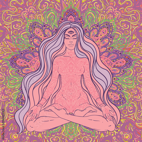 Beautiful Girl sitting in lotus position over ornate colorful mandala background. Vector illustration. Psychedelic mushroom composition. Buddhism esoteric motifs.