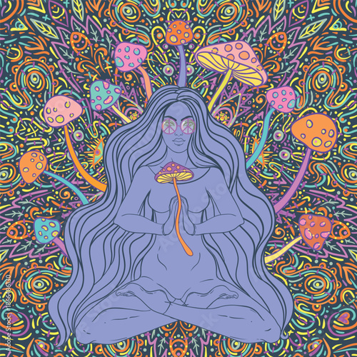 Beautiful Girl sitting in lotus position over ornate colorful mandala background. Vector illustration. Psychedelic mushroom composition. Buddhism esoteric motifs.