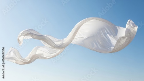 A flowing white fabric in the wind against a blue sky