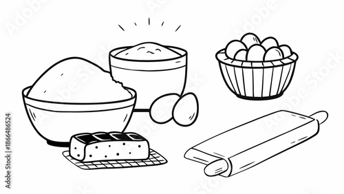 Hand-drawn bakery ingredients and baked goods