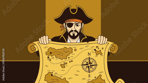 Intrepid Pirate Unveiling An Ancient Treasure Map With Tropical Islands