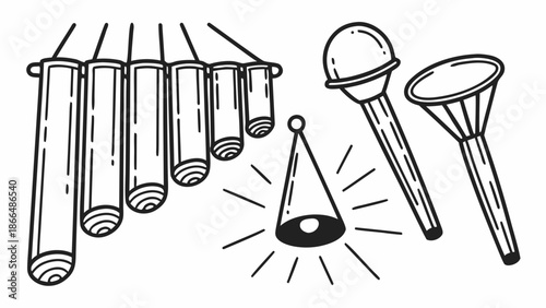 Party microphone hat and hanging lights hand-drawn illustration