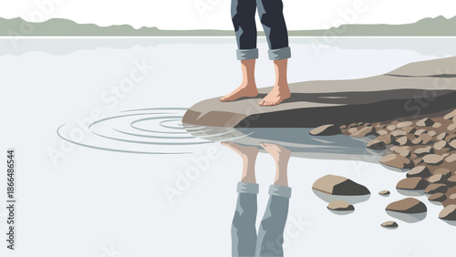 Introspective Reflection By Water's Edge Contemplative Serenity In Nature