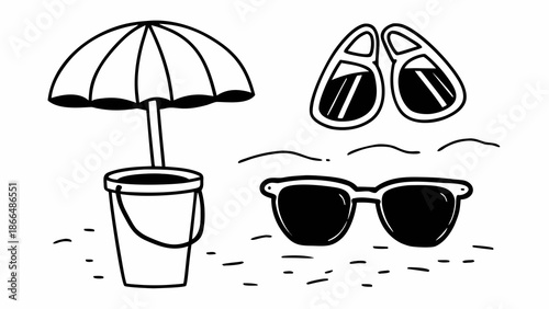 Beach Vacation Essentials With Umbrella And Sunglasses