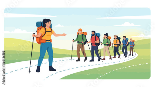 Hiking Adventure Group Exploring Nature With Backpacks And Trekking Poles On A Trail