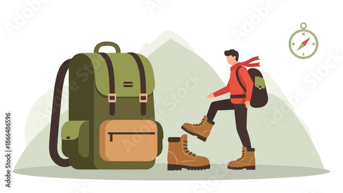 Hiking Adventure Illustration With Backpack Boots And Compass Amidst Nature