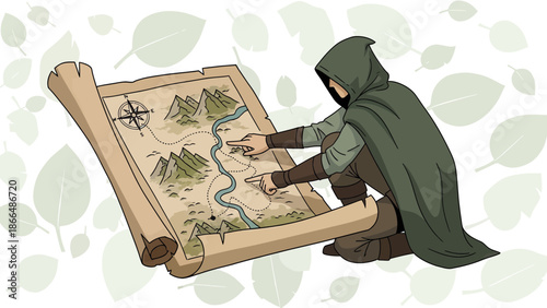 Hooded Figure Examines Ancient Map With Compass Marking Path Adventure