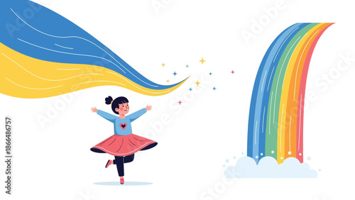 Hopeful Girl With Ukraine Colors Embracing Rainbow Waterfall Of Diversity