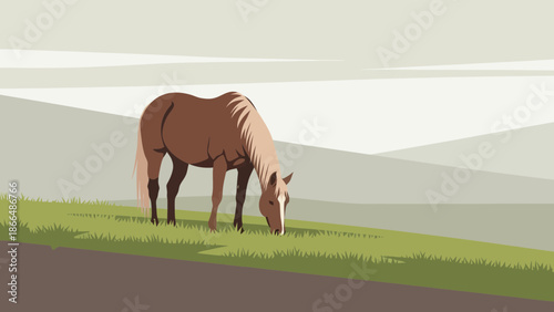 Horse Grazing Tranquilly In A Pastoral Scene Amidst Rolling Hills Graphic