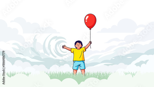 Joyful Child Holding Red Balloon Standing In A Dreamy Cloudscape