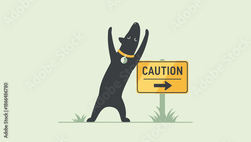Humorous Illustration Of A Dog Standing Near A Caution Sign On Green Background