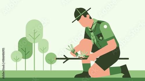 Illustration Of a Boy Scout Carving Wood with Knife Outside At Forest