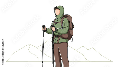 Illustration Of A Hiker With Backpack And Trekking Poles In Mountain Landscape