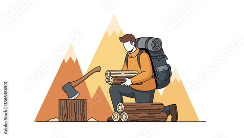 Illustration Of A Lumberjack Gathering Wood In A Mountain Landscape