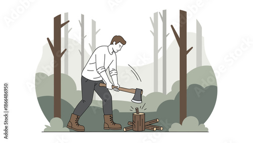 Illustration Of A Man Chopping Wood In A Forest Environment With An Axe