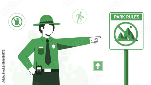 Illustration Of A Park Ranger Explaining The Rules To Visitors At The Entrance
