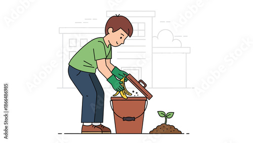 Illustration Of A Young Man Composting Organic Waste In A Backyard Garden