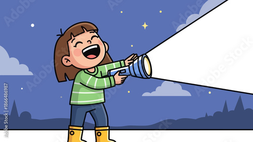 Joyful Girl Explores Night Sky With A Shining Flashlight Under Starry Sky