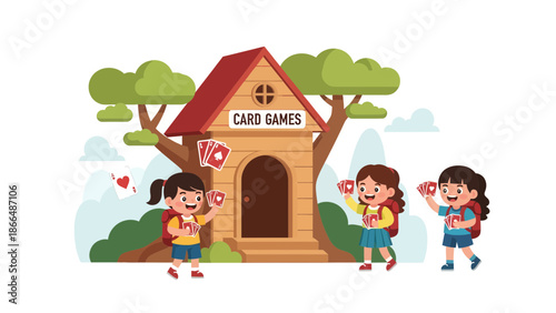 Joyful Kids Playing Cards Outside a Whimsical Treehouse on Sunny Day