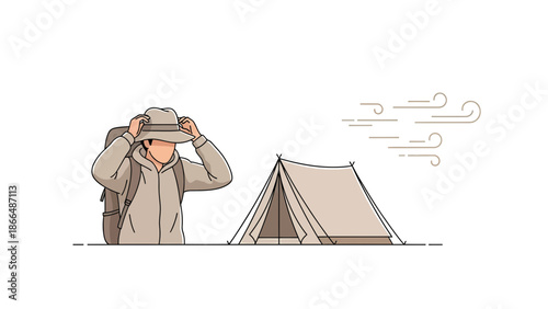 Illustrative Camping Scene Featuring A Hiker By Tent Adjusting His Hat On Windy Day