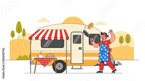 Joyful Morning At Campground Man Flips Pancake Near Campervan