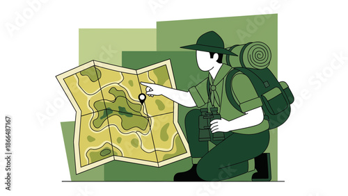 Illustrative Hiker Planning Trip Route By Consulting Topographic Map In Natural Setting