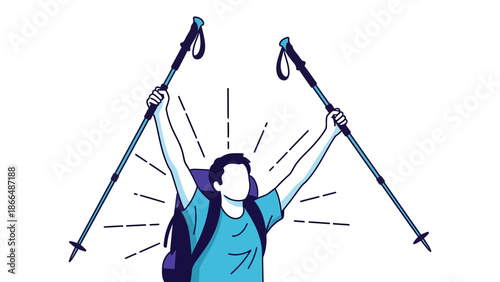 Illustrative Hiker Celebrating Reaching Mountain Summit With Trekking Poles
