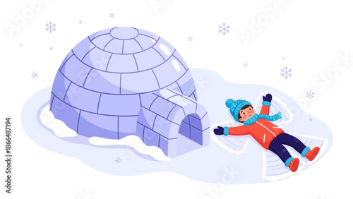 Joyful Winter: Boy Making Snow Angels Near an Igloo on a Snowy Day