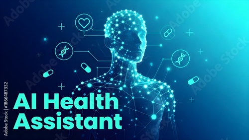 Futuristic glowing human figure made of connected dots and lines with medical icons, pills and DNA symbols on blue background, representing AI health assistant and digital healthcare technology concep