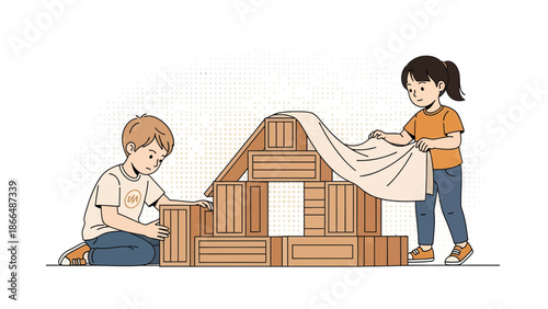 Imaginative Childhood Youngsters Constructing Fort From Wooden Crates And Fabric
