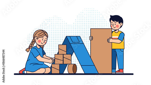 Imaginative Playtime Two Children Constructing a Fort with Boxes and Cardboard